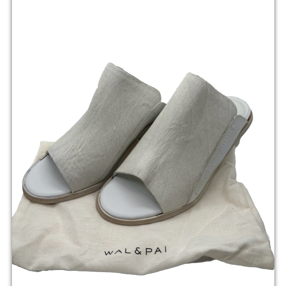 Wal & Pai netra ivory calf hair and white leather low heel slides size 39